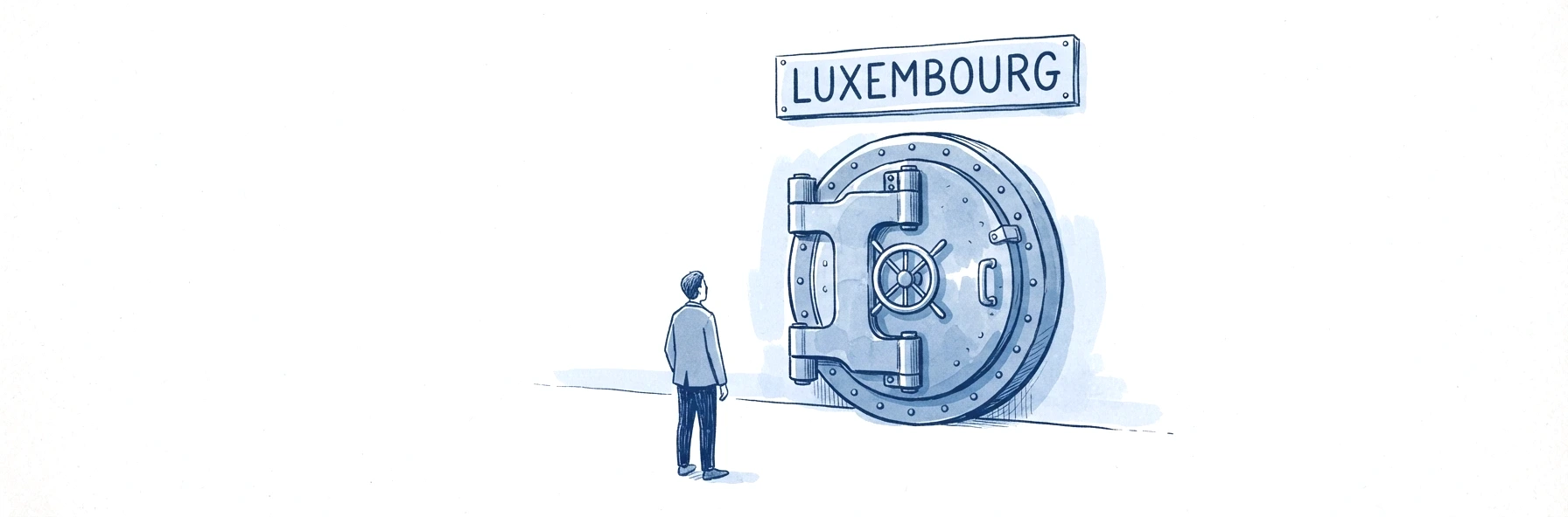 Illustration à l'encre bleue : une lourde porte de coffre-fort circulaire posée seule, sans aucun mur autour d'elle. Une personne de dos se tient devant, sous une plaque portant la mention Luxembourg.