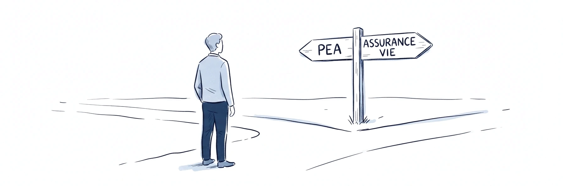 Illustration à l'encre bleue : une personne de dos, arrêtée à un embranchement de route, devant un poteau indicateur dont une flèche pointe vers le PEA et l'autre vers l'assurance vie.