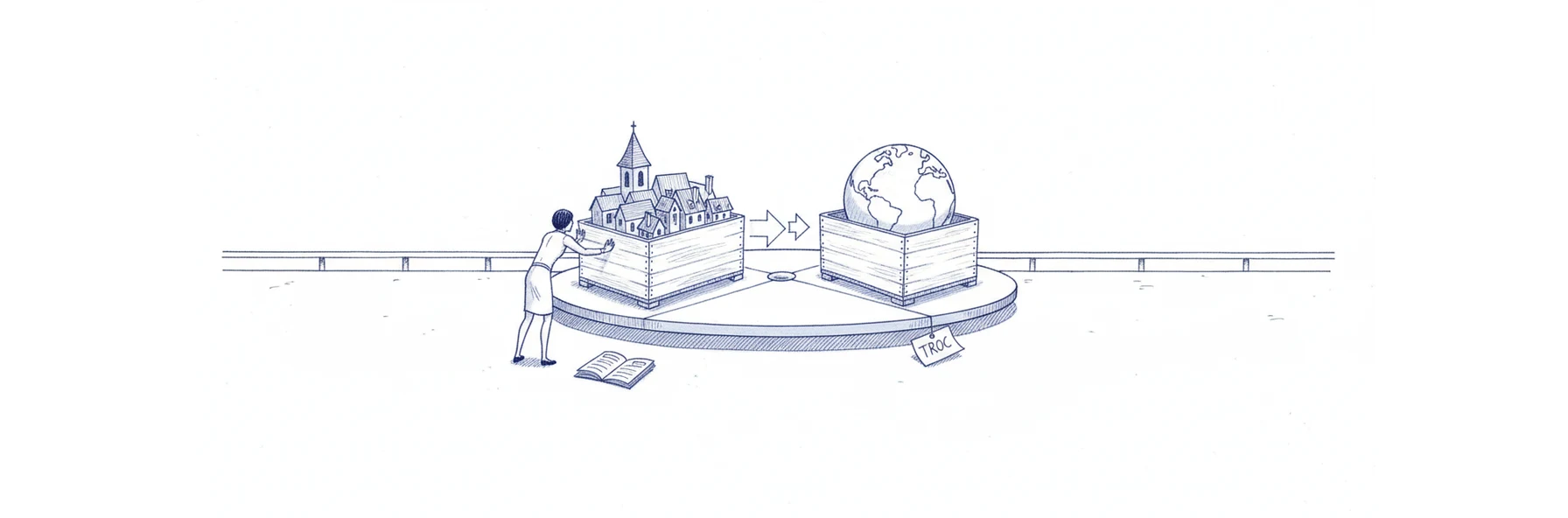Illustration à l'encre bleue : sur un quai, deux porteurs de dos échangent deux caisses de même format. La caisse ouverte du premier laisse voir des toits et des clochers européens, celle du second un globe terrestre. Un registre ouvert est posé au sol entre leurs pieds.
