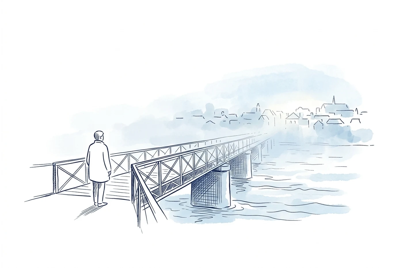 Illustration à l'encre bleue : une personne attend à l'entrée d'un pont dont l'autre rive est encore prise dans la brume matinale, que le soleil commence à dissiper.
