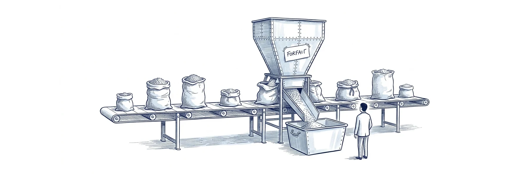 Illustration à l'encre bleue : sur un tapis roulant, des sacs de tailles différentes passent sous une trémie qui prélève dans chacun la même proportion, recueillie dans un bac commun. Une personne vue de dos observe le mécanisme. Une étiquette sur la trémie porte la mention FORFAIT.