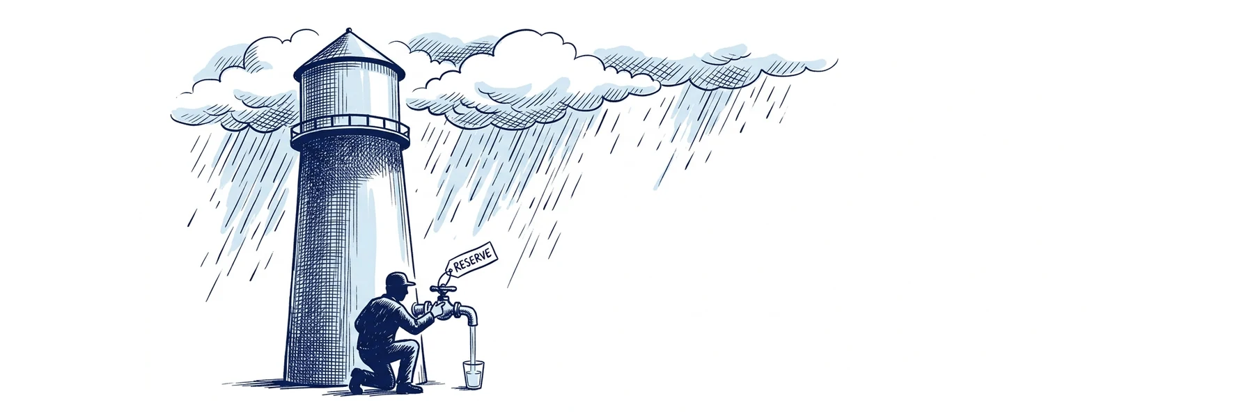Illustration à l'encre bleue : un château d'eau sous une pluie tombant par rafales inégales. Au pied de l'édifice, une personne ajuste une vanne d'où coule un filet parfaitement régulier vers un verre posé au sol. Une étiquette accrochée à la vanne porte la mention RESERVE.