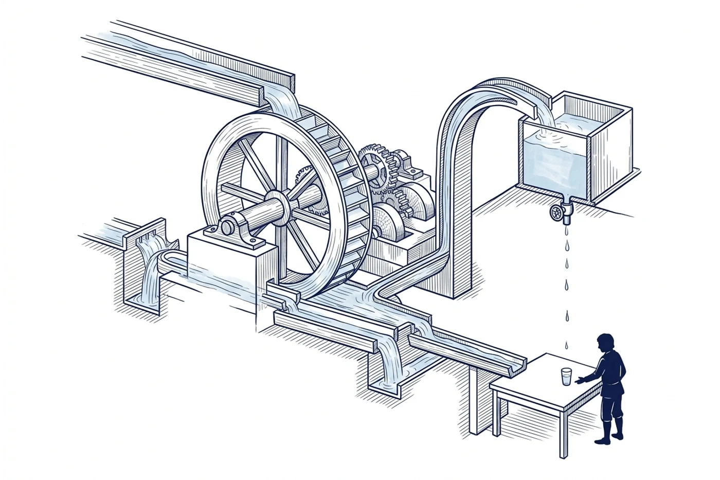 Illustration à l'encre bleue : un moulin à eau dont le flux se sépare après la roue, une part coulant directement vers un verre, l'autre remplissant un réservoir surélevé à vanne qui goutte vers le même verre, deux déversoirs latéraux détournant une part de l'eau avant le verre, une personne debout tendant la main.