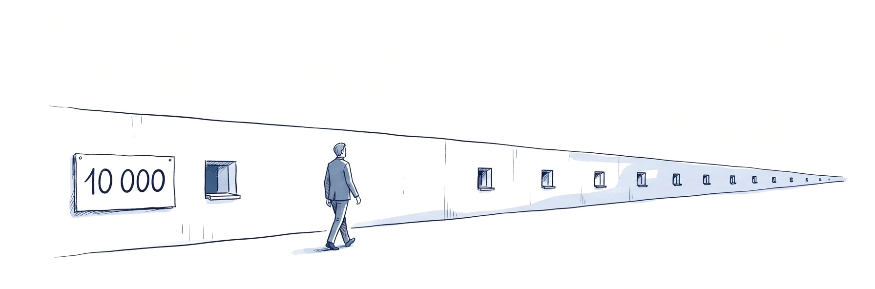 Illustration à l'encre bleue : un long mur qui fuit vers l'horizon, percé d'ouvertures régulières de plus en plus petites. Une personne de dos le longe, à hauteur d'un panneau portant le nombre 10 000.