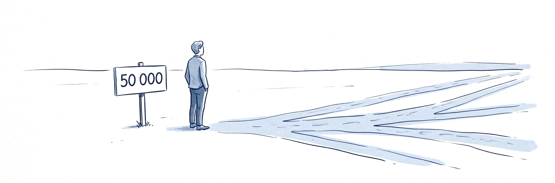 Illustration à l'encre bleue : une personne de dos au bord d'une plaine, à côté d'un panneau portant le nombre 50 000. Devant elle, le sol se divise en une dizaine de pistes qui s'écartent en éventail vers l'horizon.