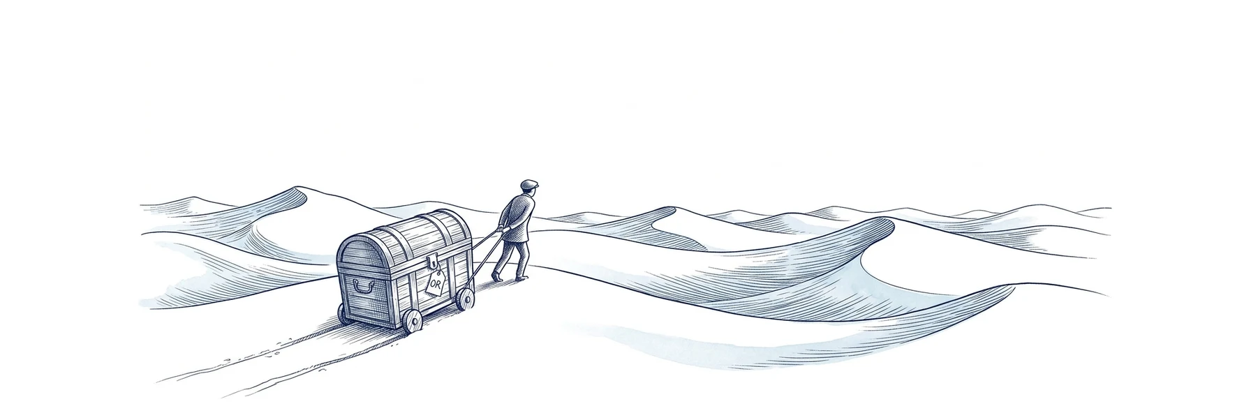 Illustration à l'encre bleue : un petit personnage tire un coffre à roulettes sur un chemin de dunes qui montent et descendent, sous un grand ciel blanc. Une étiquette accrochée au coffre porte la mention OR.