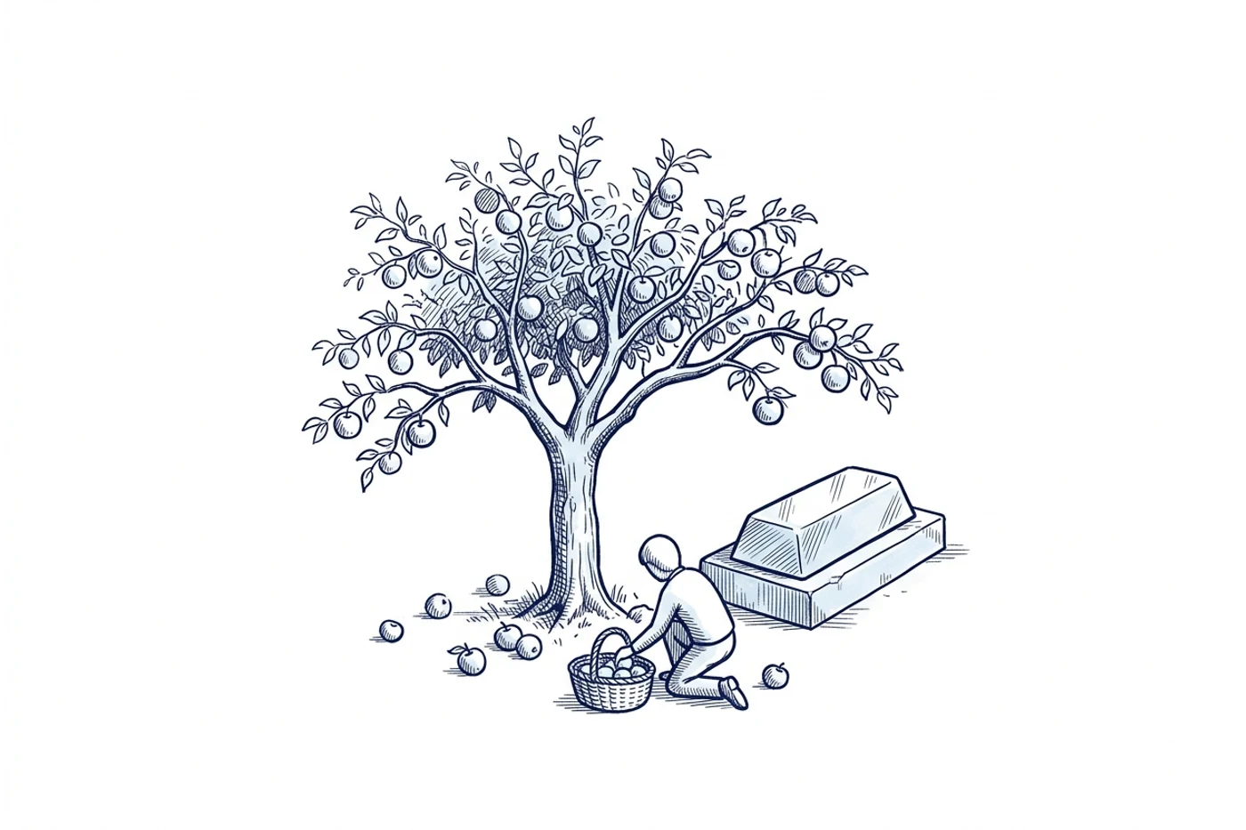 Illustration à l'encre bleue : un arbre fruitier chargé de fruits à côté d'un gros lingot poli posé sur un socle de pierre. Une personne ramasse dans un panier les fruits tombés au pied de l'arbre ; rien ne tombe du lingot.