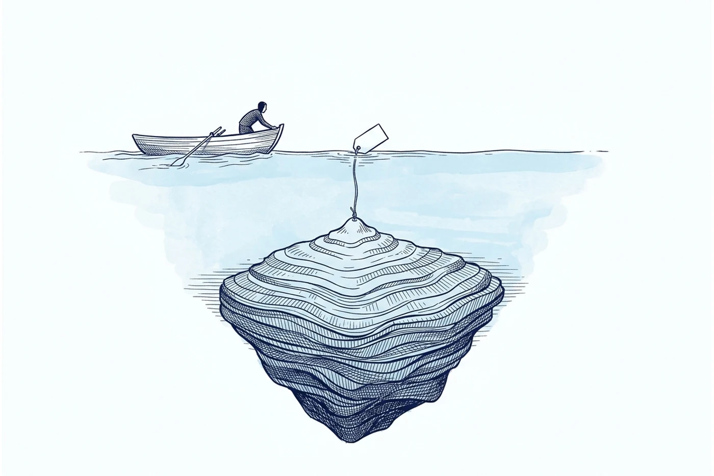 Illustration à l'encre bleue : une petite étiquette de prix flotte à la surface de l'eau, accrochée à une masse immergée bien plus grande dont les couches s'enfoncent dans la profondeur. Une barque avec un personnage s'approche de l'étiquette.