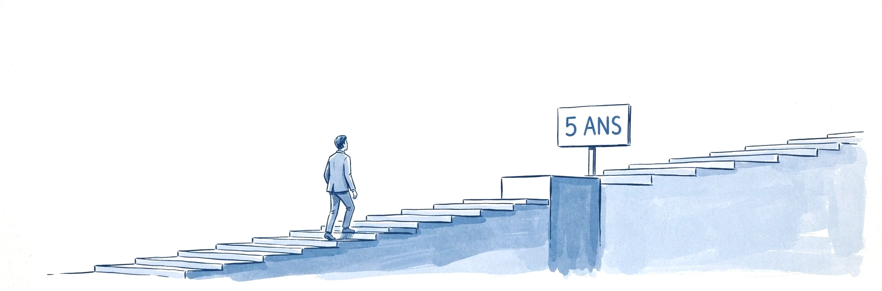 Illustration à l'encre bleue : un escalier aux marches régulières qu'une personne de dos est en train de gravir. Aux deux tiers, une marche beaucoup plus haute que les autres rompt la série, signalée par un panneau portant la mention 5 ans.
