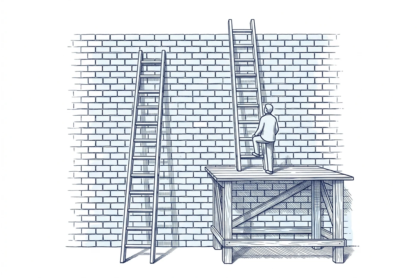 Illustration à l'encre bleue : deux échelles adossées au même mur ; la première commence au sol, la seconde part d'une estrade qui fait la moitié de la hauteur du mur. Un personnage pose le pied sur la seconde.