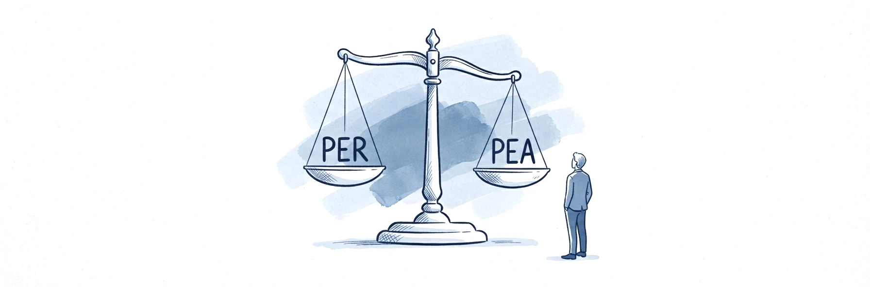 Illustration à l'encre bleue : une balance à deux plateaux, l'un marqué PER et l'autre PEA, le fléau légèrement penché. Une personne de dos se tient à côté et l'observe.