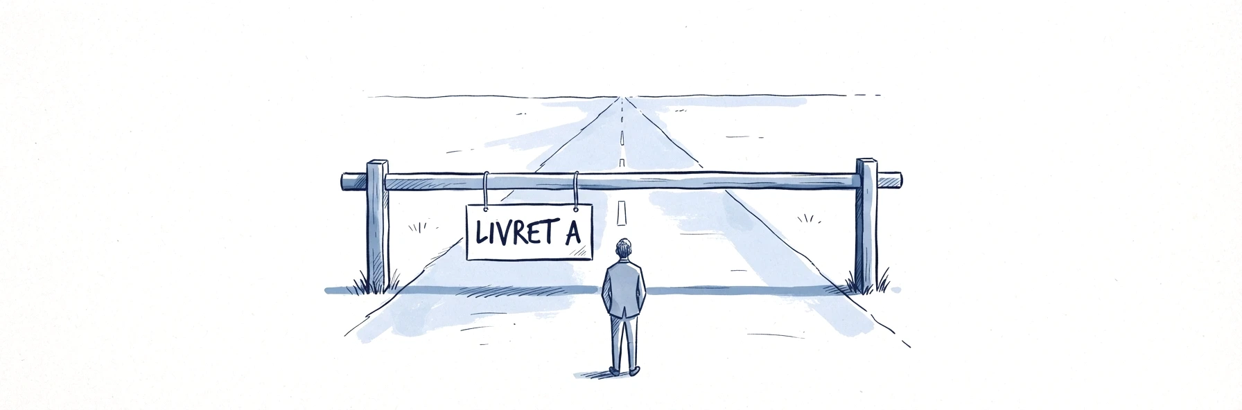 Illustration à l'encre bleue : une route droite qui file vers l'horizon, barrée par une barrière abaissée portant une pancarte où est écrit Livret A. Une personne de dos se tient devant, face à la route qui continue au-delà.