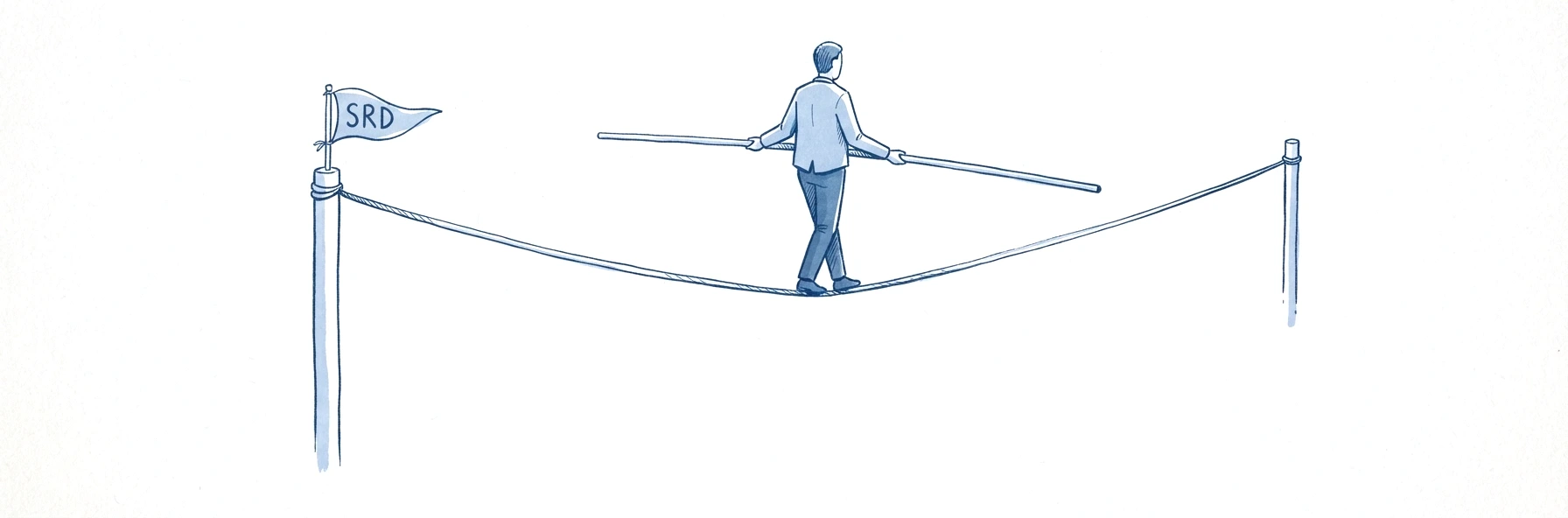Illustration à l'encre bleue : une personne de dos avance sur un fil tendu entre deux poteaux, un long balancier à la main, au-dessus du vide. Un fanion attaché au poteau le plus proche porte la mention SRD.